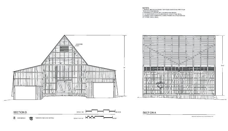 Measured elevation and section drawings of a tobacco barn