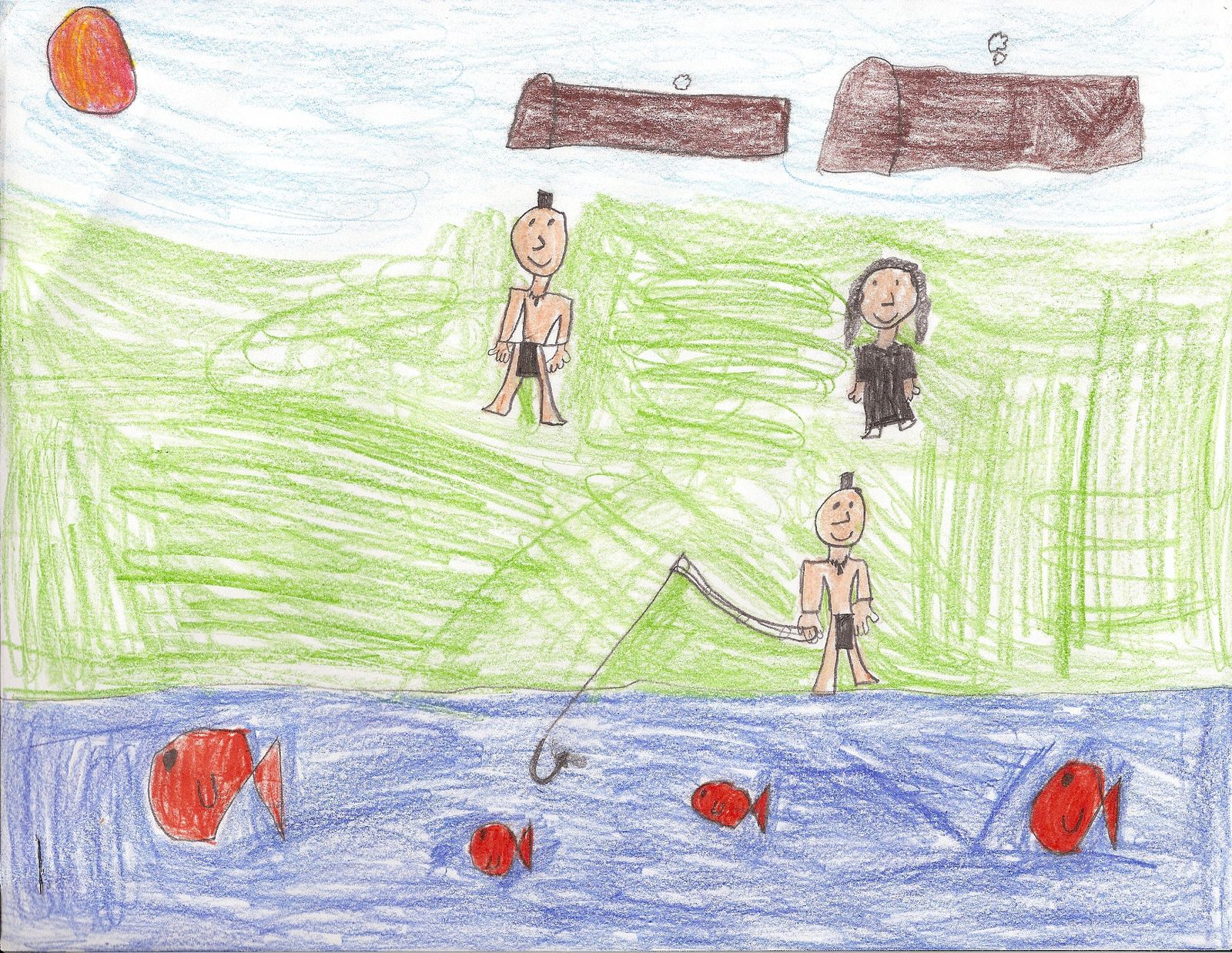 A child&rsquo;s crayon drawing of people fishing by a river